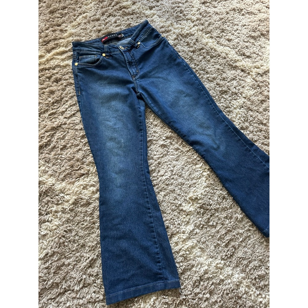 Magdal Dark Wash Flare Leg Jeans Mid Rise Denim Size 38 US 4-6 Bootcut Indigo - Picture 3 of 9